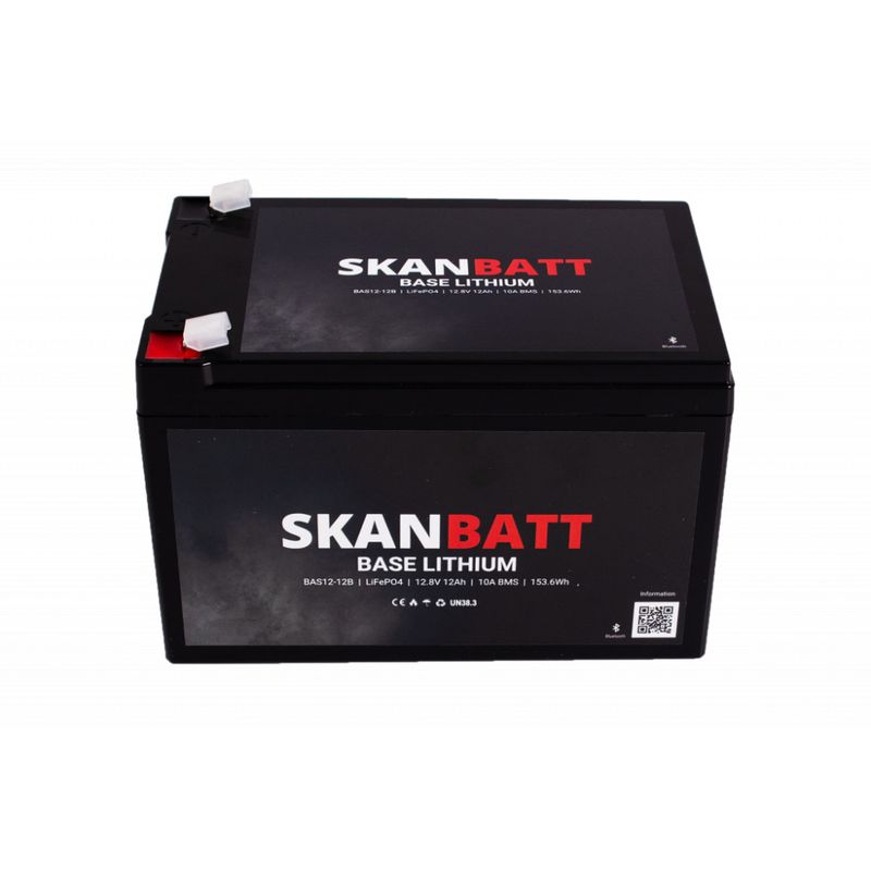 SKANBATT Base Lithium - 12V 12Ah 10A BMS - 151x98x96mm - Bluetooth - 3 Års garanti